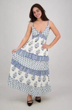Ananta Saphira Blue Block Print Tiered Maxi Dress L/XL NWT - Coastal Romance
